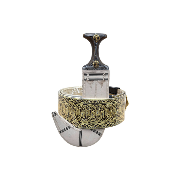 Decorative dagger with ornate sheath on a white background